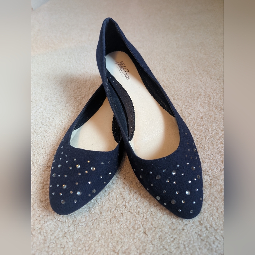 Lela Rose Navy Fabric Rhinestone Studded Ballet Flats